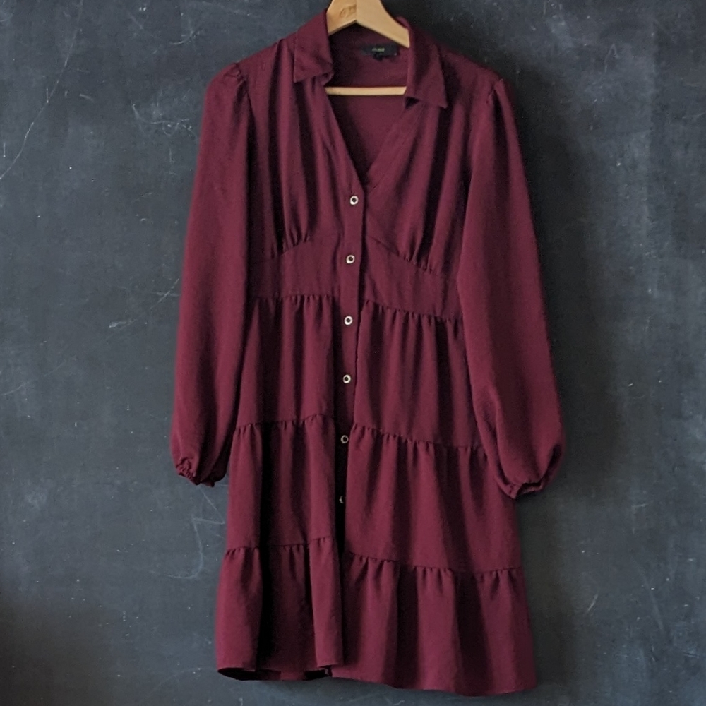 Maia Maroon Dress Long Sleeve Button Down Knee Length Sz 2 Oversized